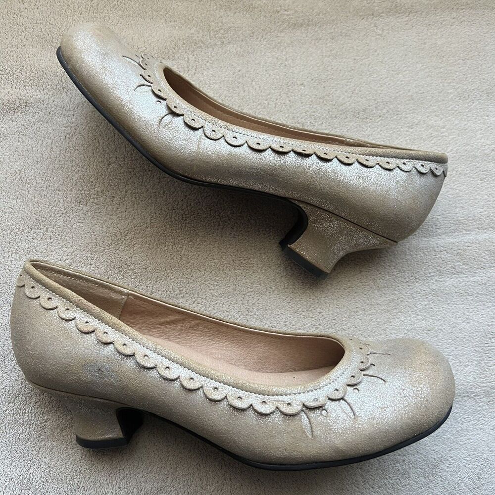 Geé WaWa Metallic Silver Tan Leather Block Kitten Heels Scalloped Edge Women 7.5